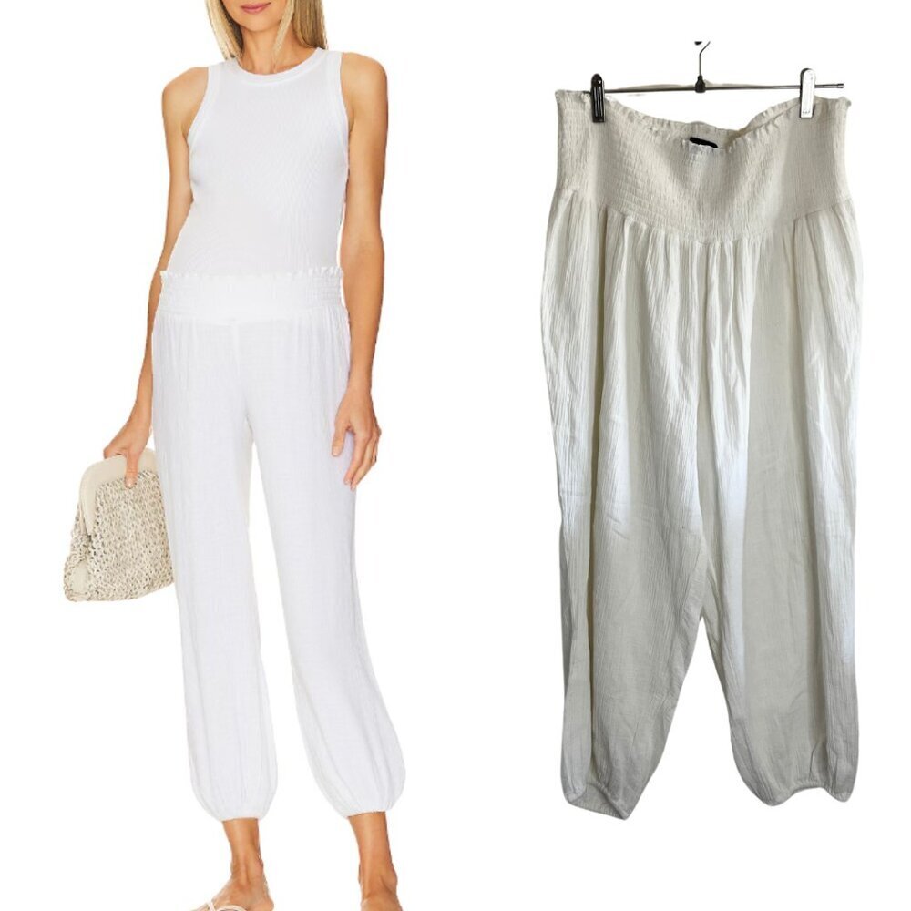 Hatch White Lightweight Gauzy Cropped Cotton Pull On Jogger Beach Pants